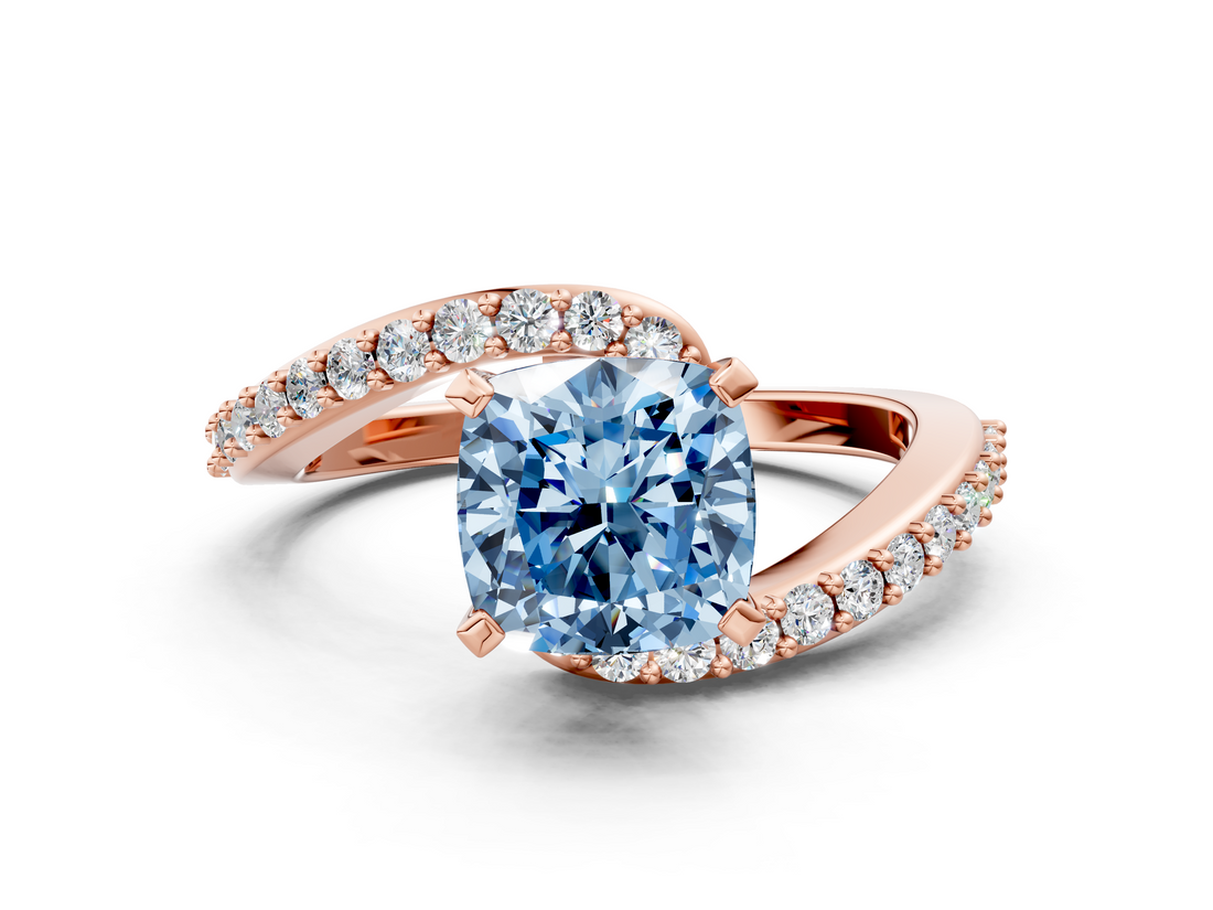 Rose gold Fancy Blue Cushion  Solitaire Twist Band with Pave Set Diamonds and Four-Prong Setting_114