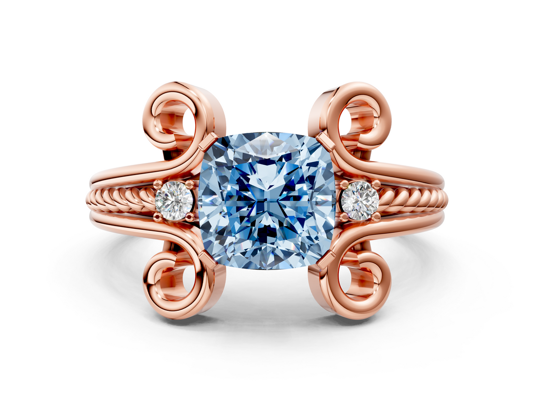 Rose gold Fancy Blue Cushion  Solitaire Twisted Band Scroll Prong Ring_3