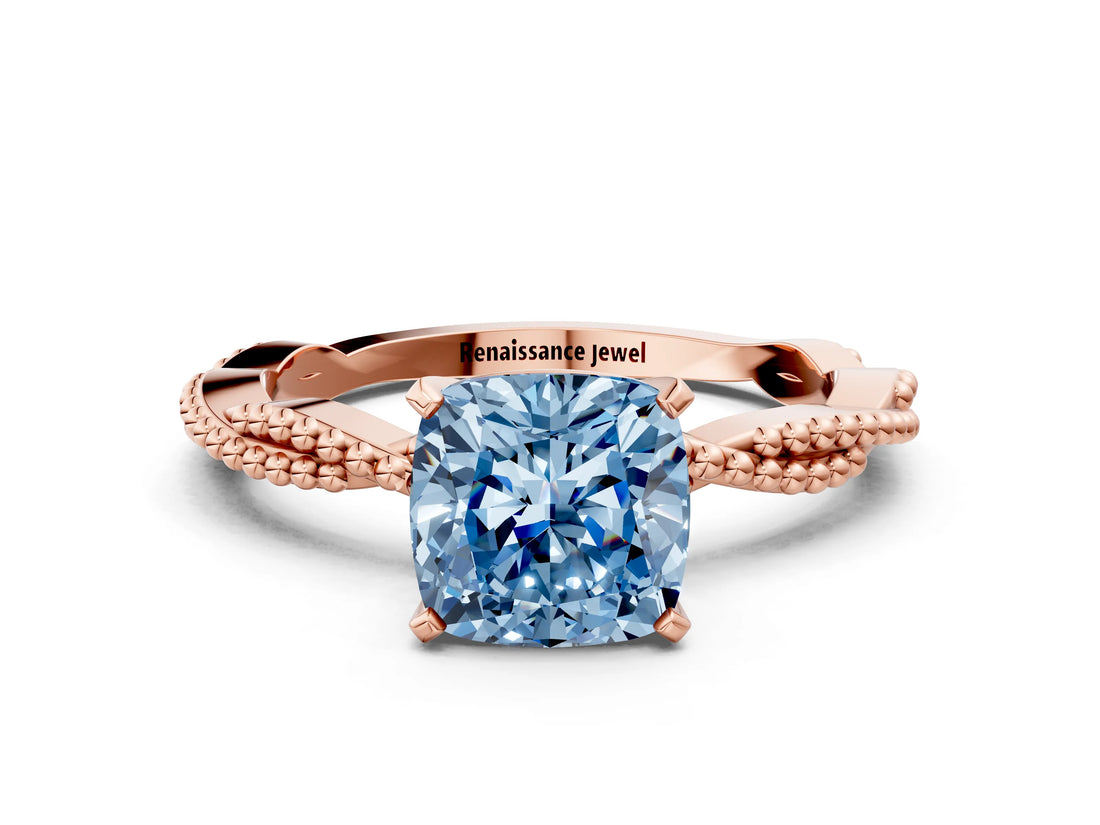Rose gold Fancy Blue Cushion  Solitaire Twisted Band with Bead Prong Setting_278