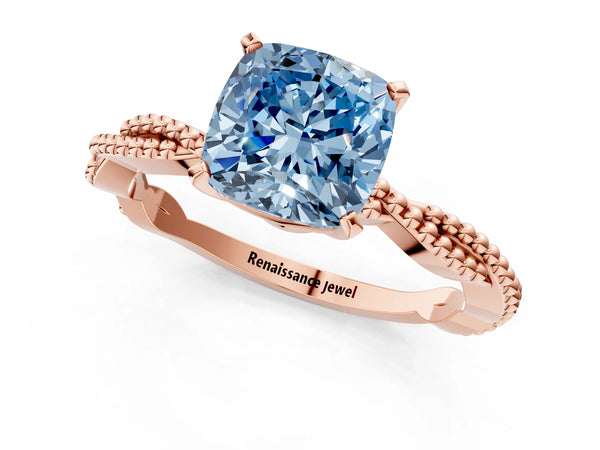Rose gold Fancy Blue Cushion  Solitaire Twisted Band with Bead Prong Setting