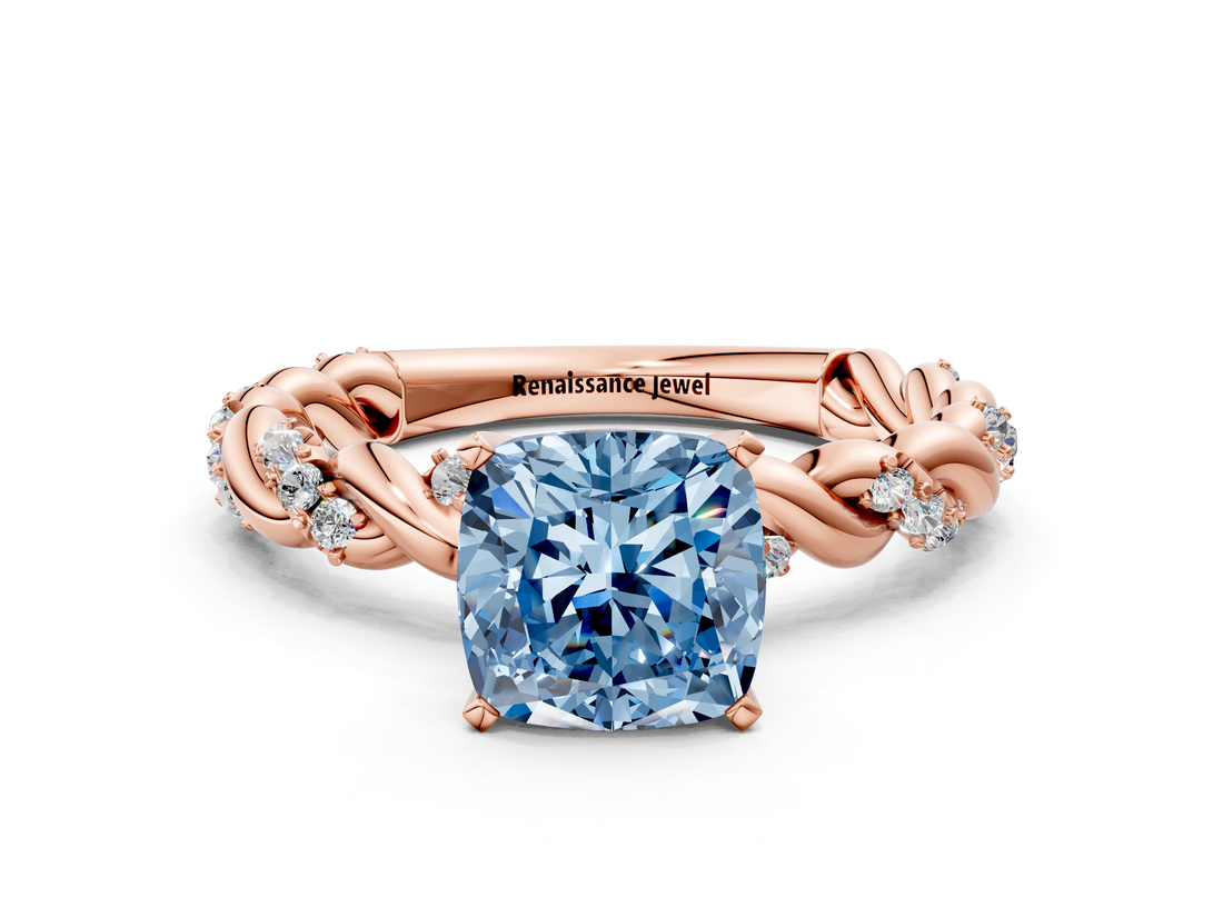 Rose gold Fancy Blue Cushion  Solitaire Twisted Band with Pavé Accents and Four-Prong Setting_3