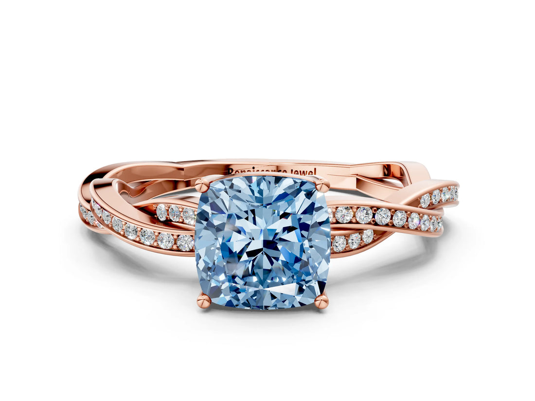 Rose gold Fancy Blue Cushion  Solitaire Twisted Pave Diamond Ring with Four-Prong Setting_24
