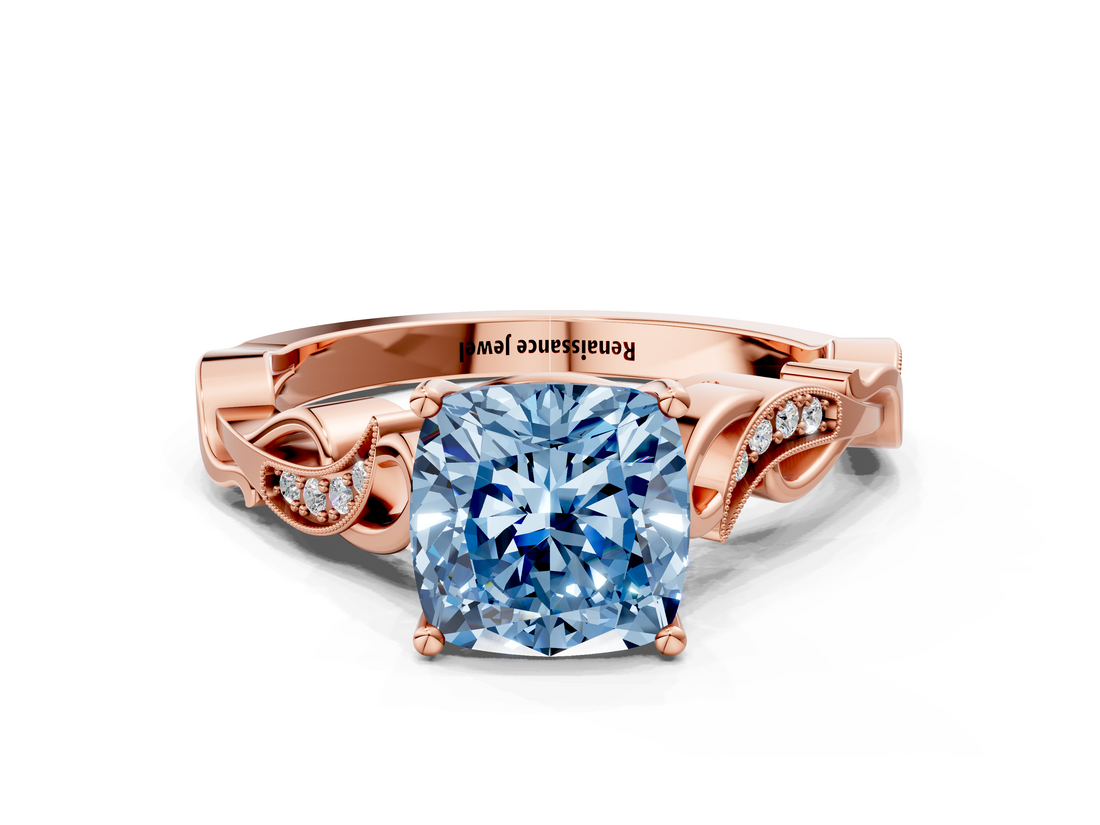 Rose gold Fancy Blue Cushion  Solitaire Vine Band with Milgrain Prong Setting_3