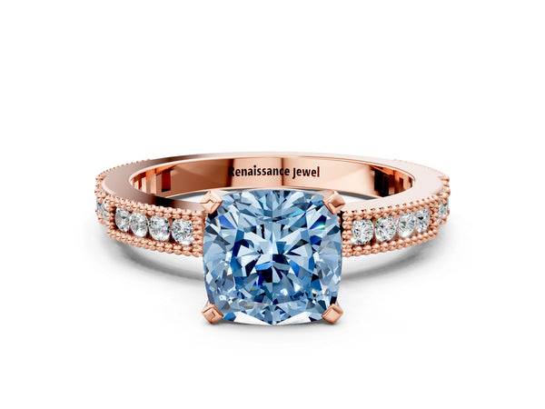 Rose gold Fancy Blue Cushion  Solitaire with Pavé Band and Four-Prong Setting