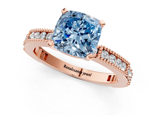Rose gold Fancy Blue Cushion  Solitaire with Pavé Band and Four-Prong Setting