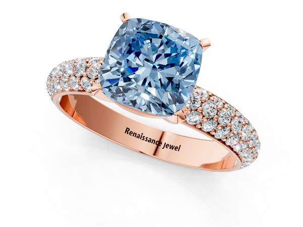 Rose gold Fancy Blue Cushion  Diamond Solitaire Ring with Prong Setting and Pavé Band