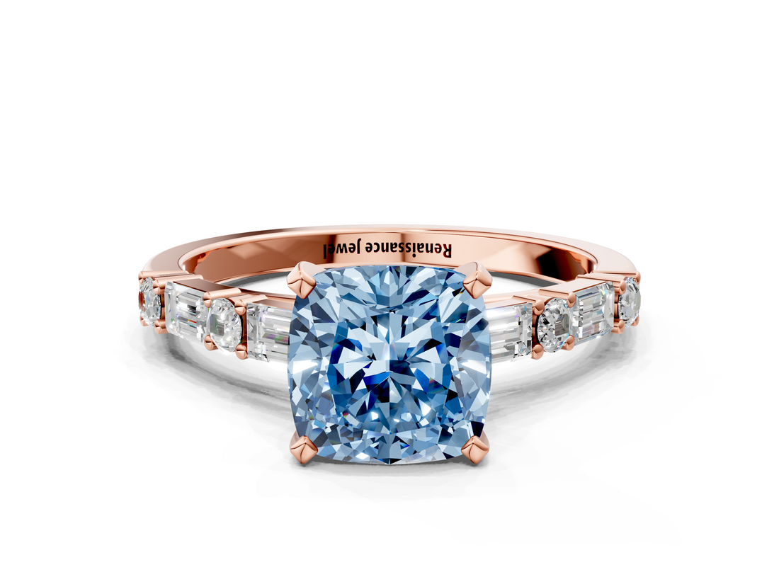 Rose gold Fancy Blue Cushion  Solitaire with Side Baguettes and Channel Set Band_62