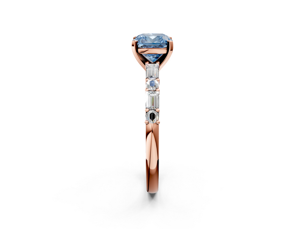 Rose gold Fancy Blue Cushion Cut Diamond Solitaire with Side Baguettes and Channel Set Band