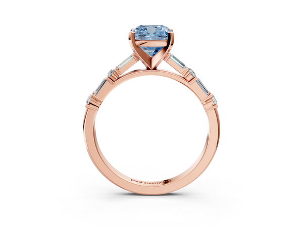 Rose gold Fancy Blue Cushion Cut Diamond Solitaire with Side Baguettes and Channel Set Band
