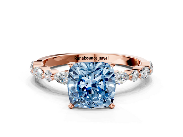 10K Rose Gold 1.00 Carat Blue VS1 Cushion Diamond Ring with Marquise and Round  Side Stones and Four-Prong Setting