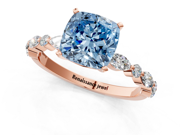 10K Rose Gold 1.00 Carat Blue VS1 Cushion Diamond Ring with Marquise and Round  Side Stones and Four-Prong Setting