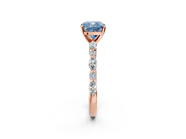 10K Rose Gold 1.00 Carat Blue VS1 Cushion Diamond Ring with Marquise and Round  Side Stones and Four-Prong Setting