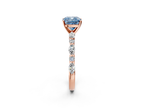10K Rose Gold 1.00 Carat Blue VS1 Cushion Diamond Ring with Marquise and Round  Side Stones and Four-Prong Setting