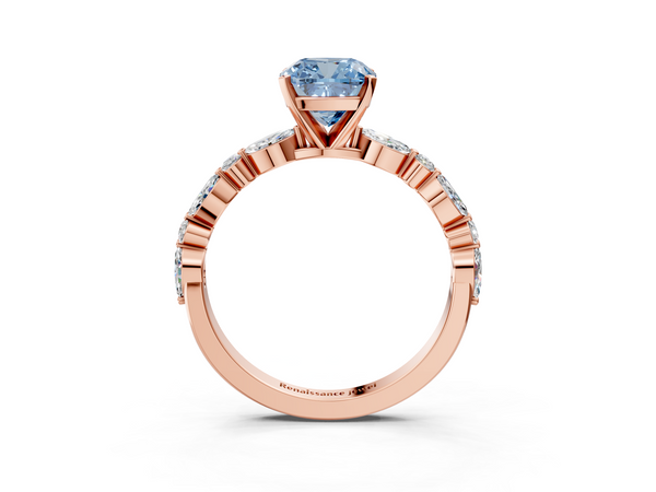 10K Rose Gold 1.00 Carat Blue VS1 Cushion Diamond Ring with Marquise and Round  Side Stones and Four-Prong Setting