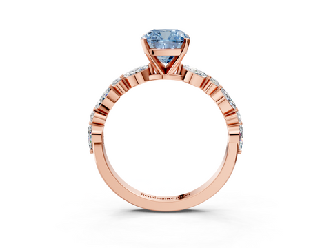 10K Rose Gold 1.00 Carat Blue VS1 Cushion Diamond Ring with Marquise and Round  Side Stones and Four-Prong Setting
