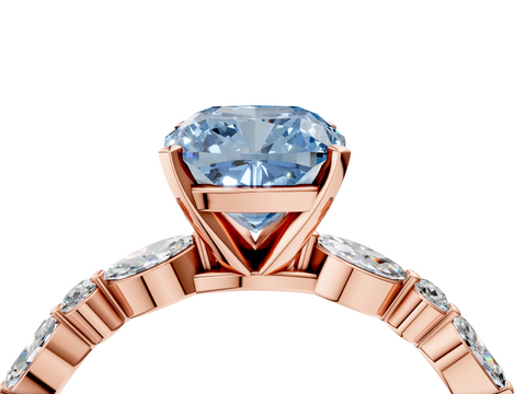 10K Rose Gold 1.00 Carat Blue VS1 Cushion Diamond Ring with Marquise and Round  Side Stones and Four-Prong Setting