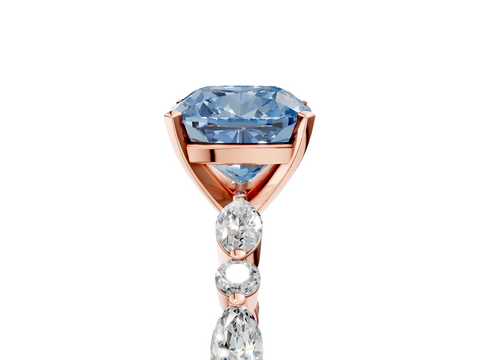 10K Rose Gold 1.00 Carat Blue VS1 Cushion Diamond Ring with Marquise and Round  Side Stones and Four-Prong Setting