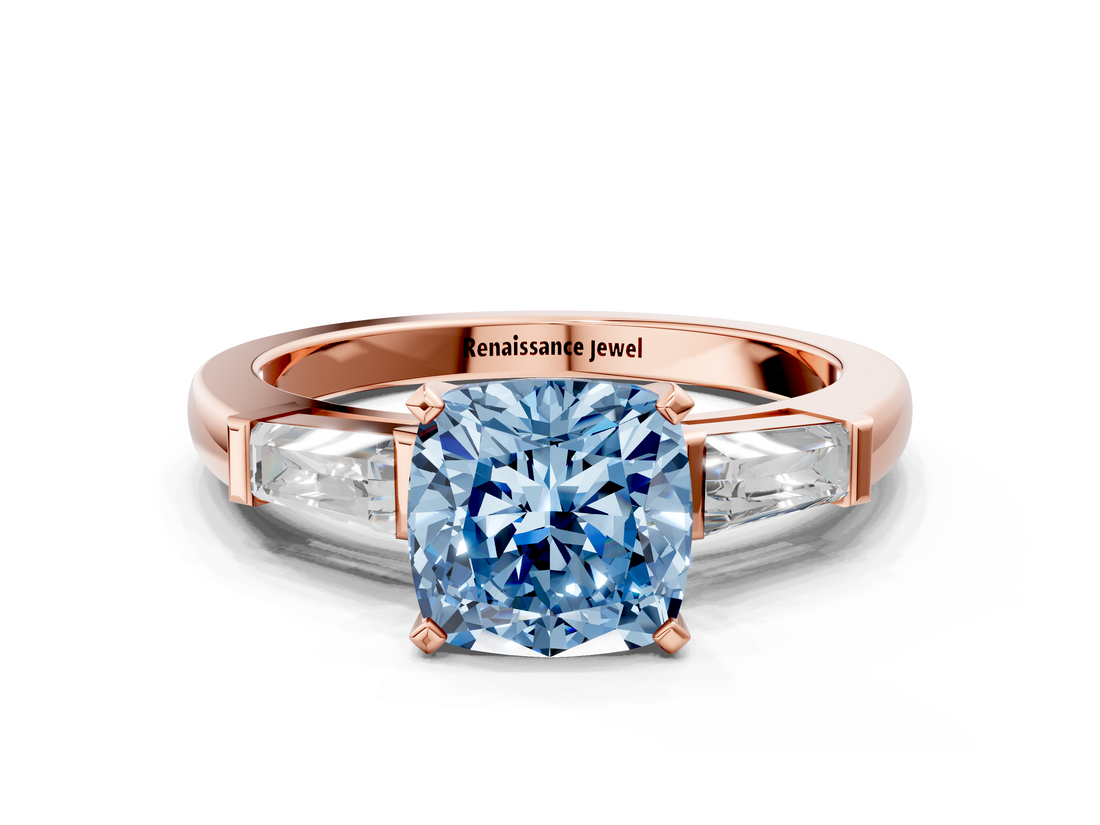 Rose gold Fancy Blue Cushion  Solitaire with Tapered Baguette Side Stones on a Classic Band with Four-Prong Setting_72