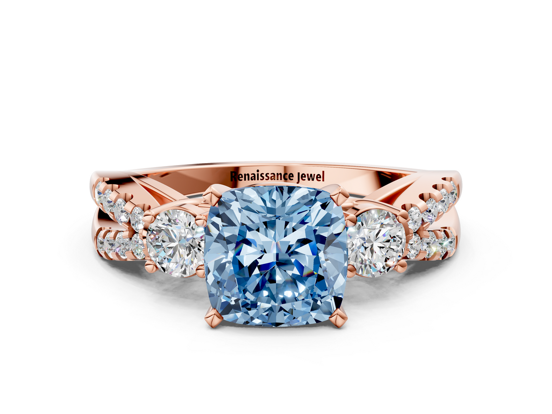 Rose gold Fancy Blue Cushion  Three-Stone Diamond Ring with Pavé Split Shank and Four-Prong Setting_45