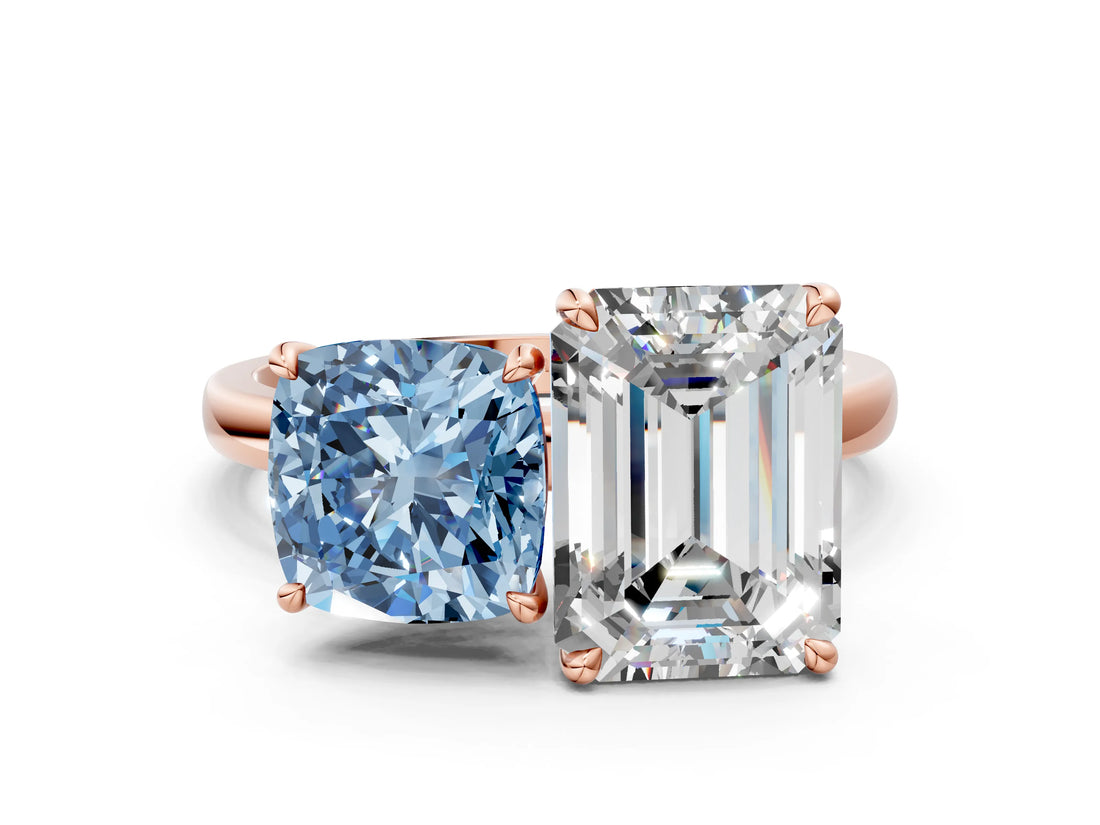 Rose gold Fancy Blue Cushion  and Emerald Cut Toi Moi Ring with Prong Setting_45