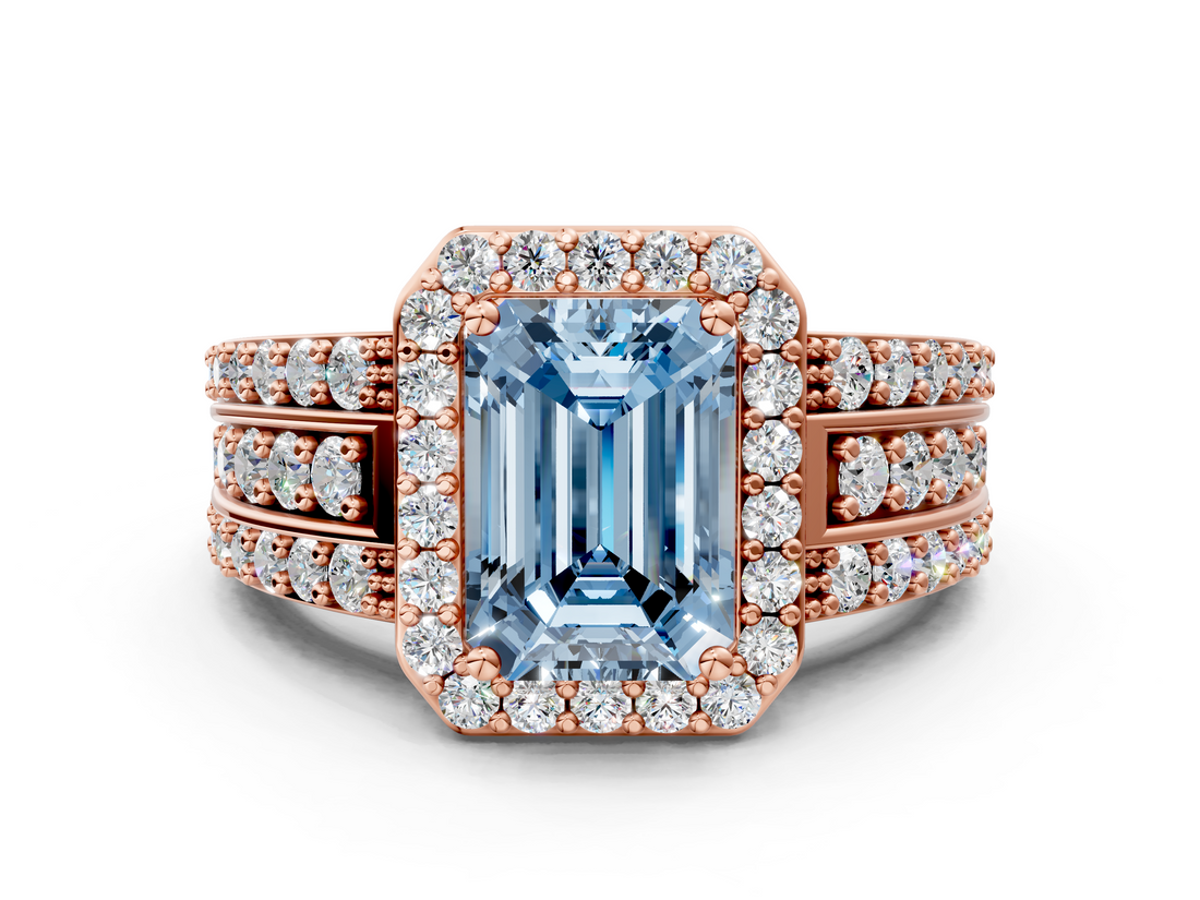 Rose gold Fancy Blue Emerald -Cut Halo Diamond Ring with Split Shank and Four-Prong Setting_88