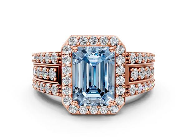 Rose Gold Emerald Cut Triple-Row Pave Halo Engagement Ring Setting for Fancy Blue Center