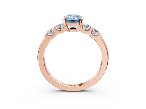 Rose gold Fancy Blue Emerald  Brilliant Cut Diamond Five-Stone Prong Set Engagement Ring with Channel Band