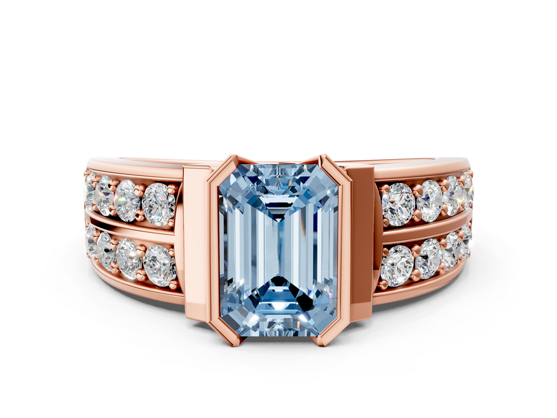 Rose gold Fancy Blue Emerald  Brilliant Diamond Channel Set Wide Band Ring with Bezel Setting_20
