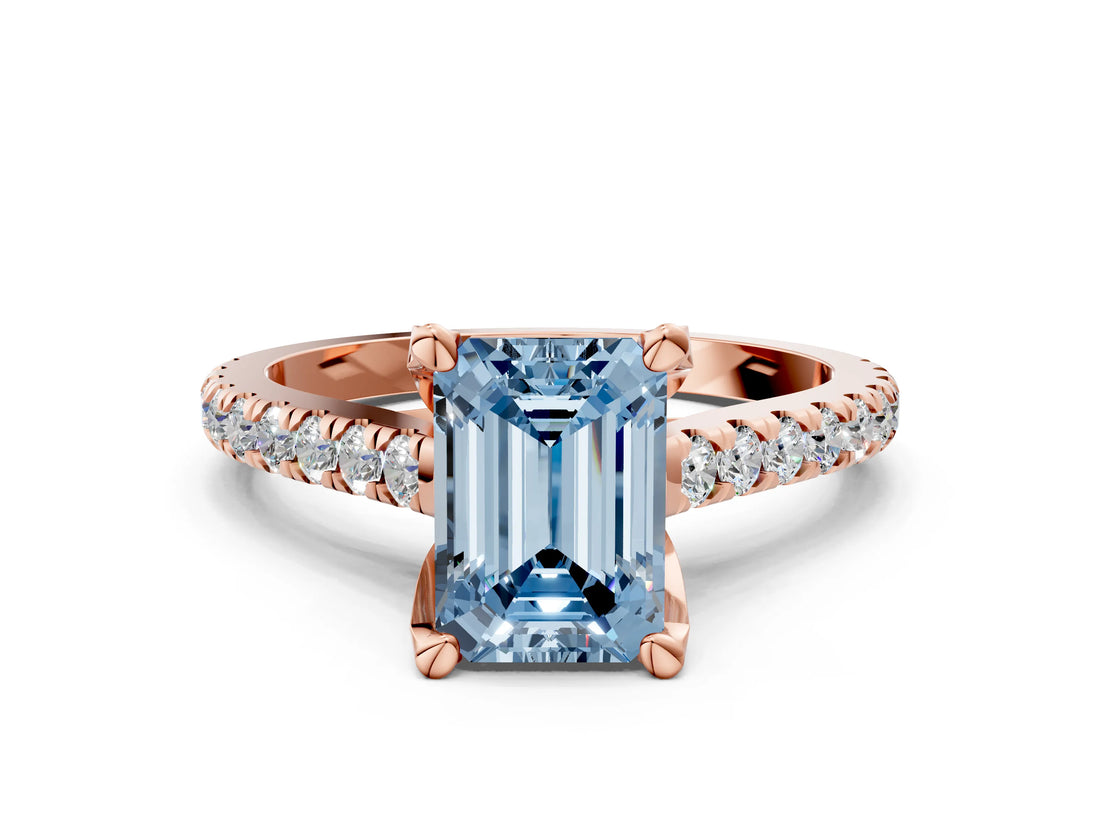 Rose gold Fancy Blue Emerald  Brilliant Diamond Solitaire with Pavé Band and Four-Prong Setting 1
