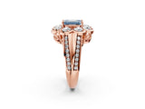 Rose gold Fancy Blue Emerald  Brilliant Flower Halo Diamond Split Shank Ring_83