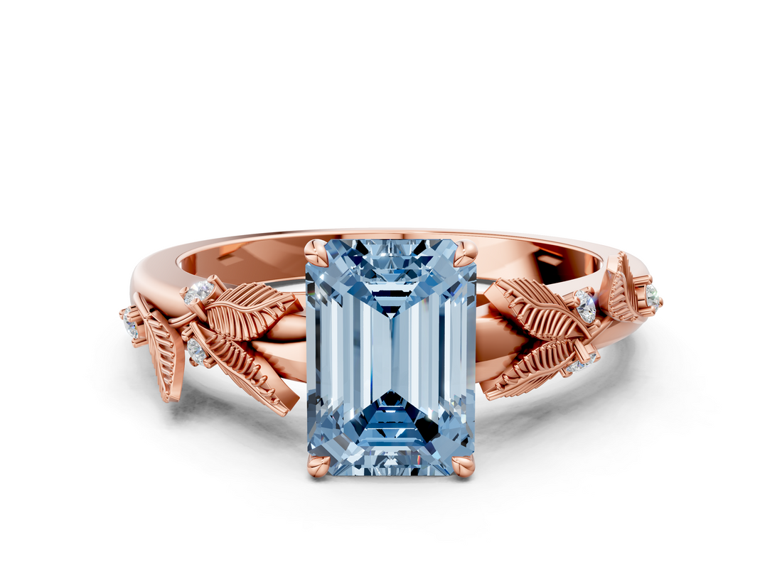 Rose gold Fancy Blue Emerald  Brilliant Solitaire with Leaf Motif Band and Four-Prong Setting_61
