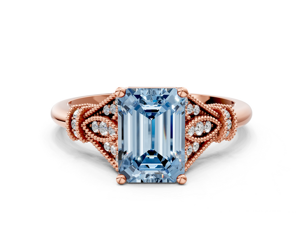 Rose gold Fancy Blue Emerald  Diamond Solitaire Ring with Floral Filigree and Pave Accents