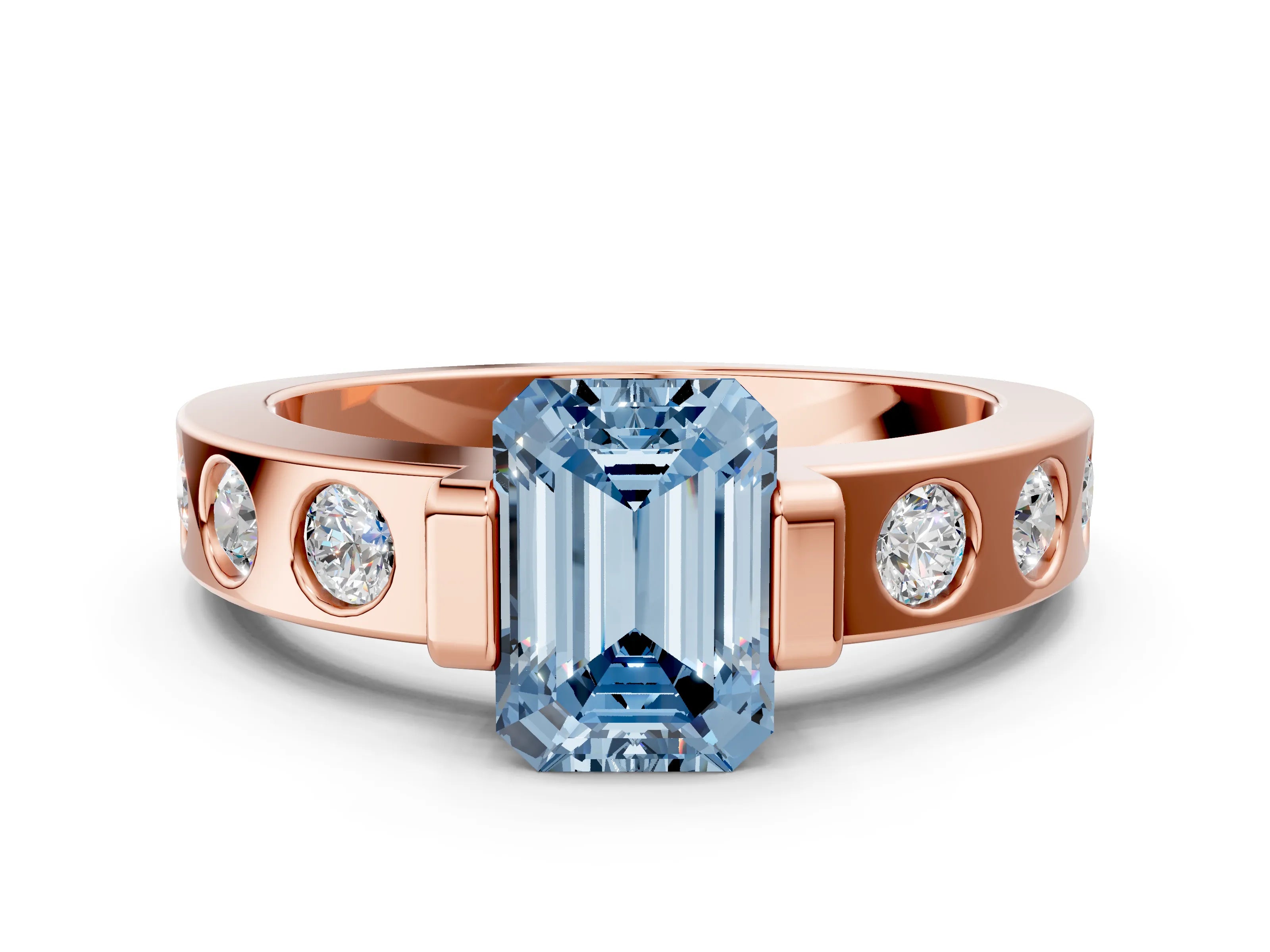 Rose gold Fancy Blue Emerald Cut Brilliant Channel-Set Diamond Ring with Bezel Prong Setting