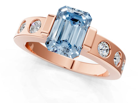 Rose gold Fancy Blue Emerald Cut Brilliant Channel-Set Diamond Ring with Bezel Prong Setting_1