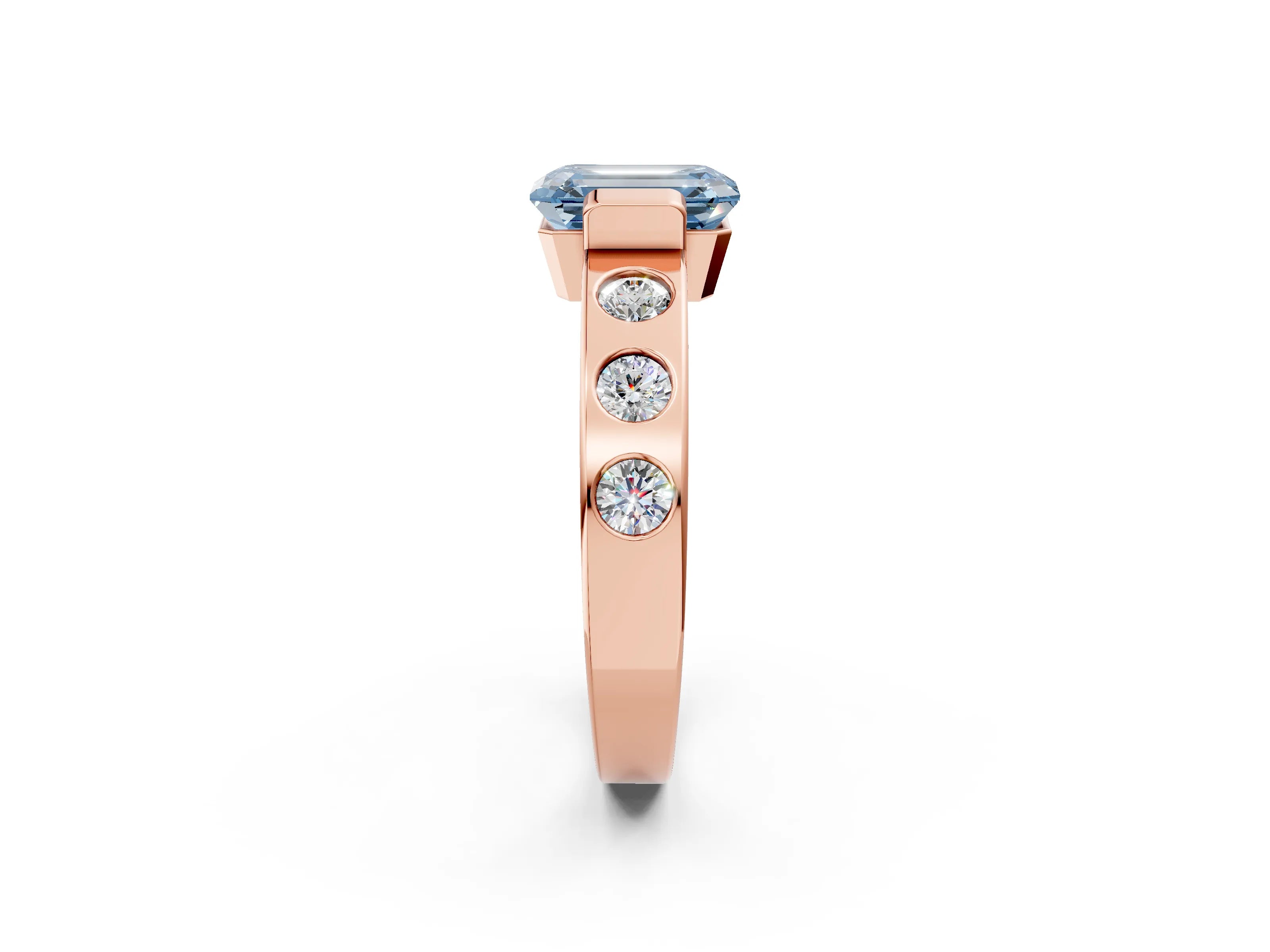 Rose gold Fancy Blue Emerald Cut Brilliant Channel-Set Diamond Ring with Bezel Prong Setting_2