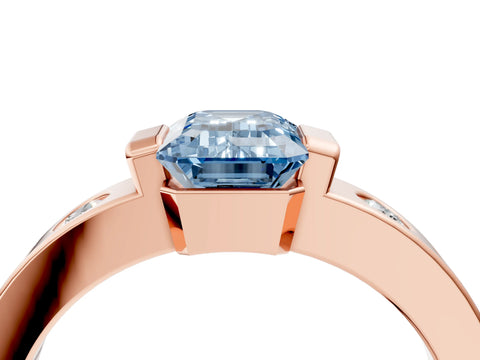 Rose gold Fancy Blue Emerald Cut Brilliant Channel-Set Diamond Ring with Bezel Prong Setting_4
