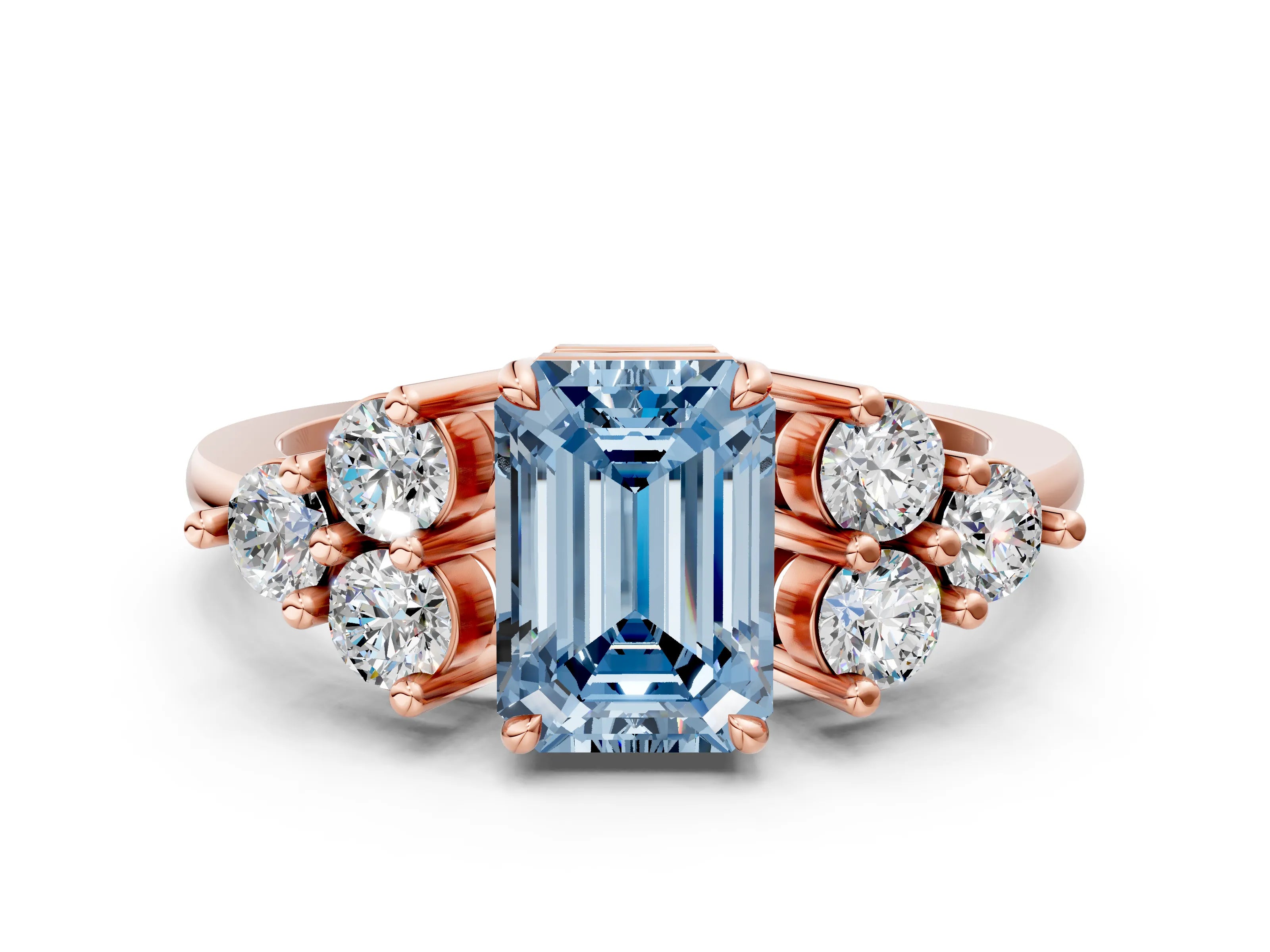 Rose gold Fancy Blue Emerald Cut Brilliant Diamond Cluster Accent Solitaire Ring with Prong Setting
