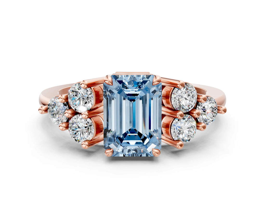 Rose gold Fancy Blue Emerald Cut Brilliant Diamond Cluster Accent Solitaire Ring with Prong Setting