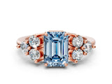 Rose gold Fancy Blue Emerald Cut Brilliant Diamond Cluster Accent Solitaire Ring with Prong Setting
