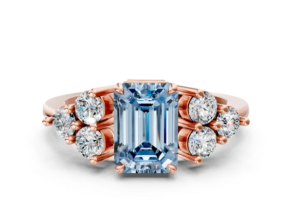Rose gold Fancy Blue Emerald Cut Brilliant Diamond Cluster Accent Solitaire Ring with Prong Setting