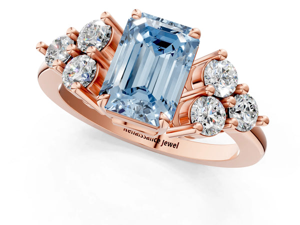 Rose gold Fancy Blue Emerald Cut Brilliant Diamond Cluster Accent Solitaire Ring with Prong Setting