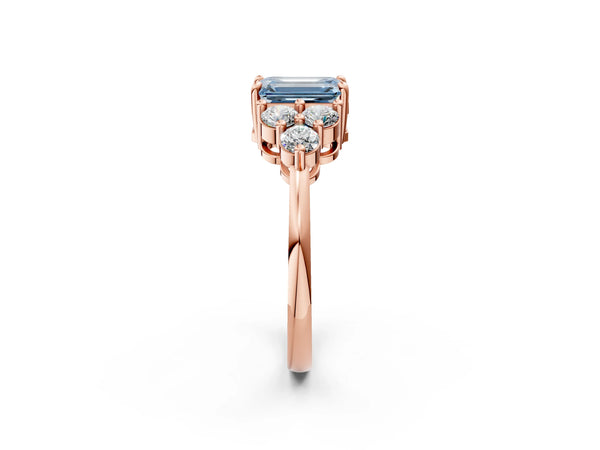 Rose gold Fancy Blue Emerald Cut Brilliant Diamond Cluster Accent Solitaire Ring with Prong Setting