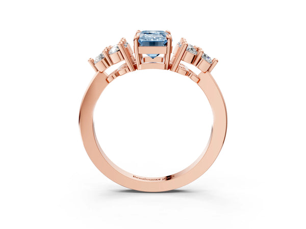 Rose gold Fancy Blue Emerald Cut Brilliant Diamond Cluster Accent Solitaire Ring with Prong Setting