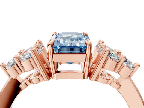 Rose gold Fancy Blue Emerald Cut Brilliant Diamond Cluster Accent Solitaire Ring with Prong Setting_4