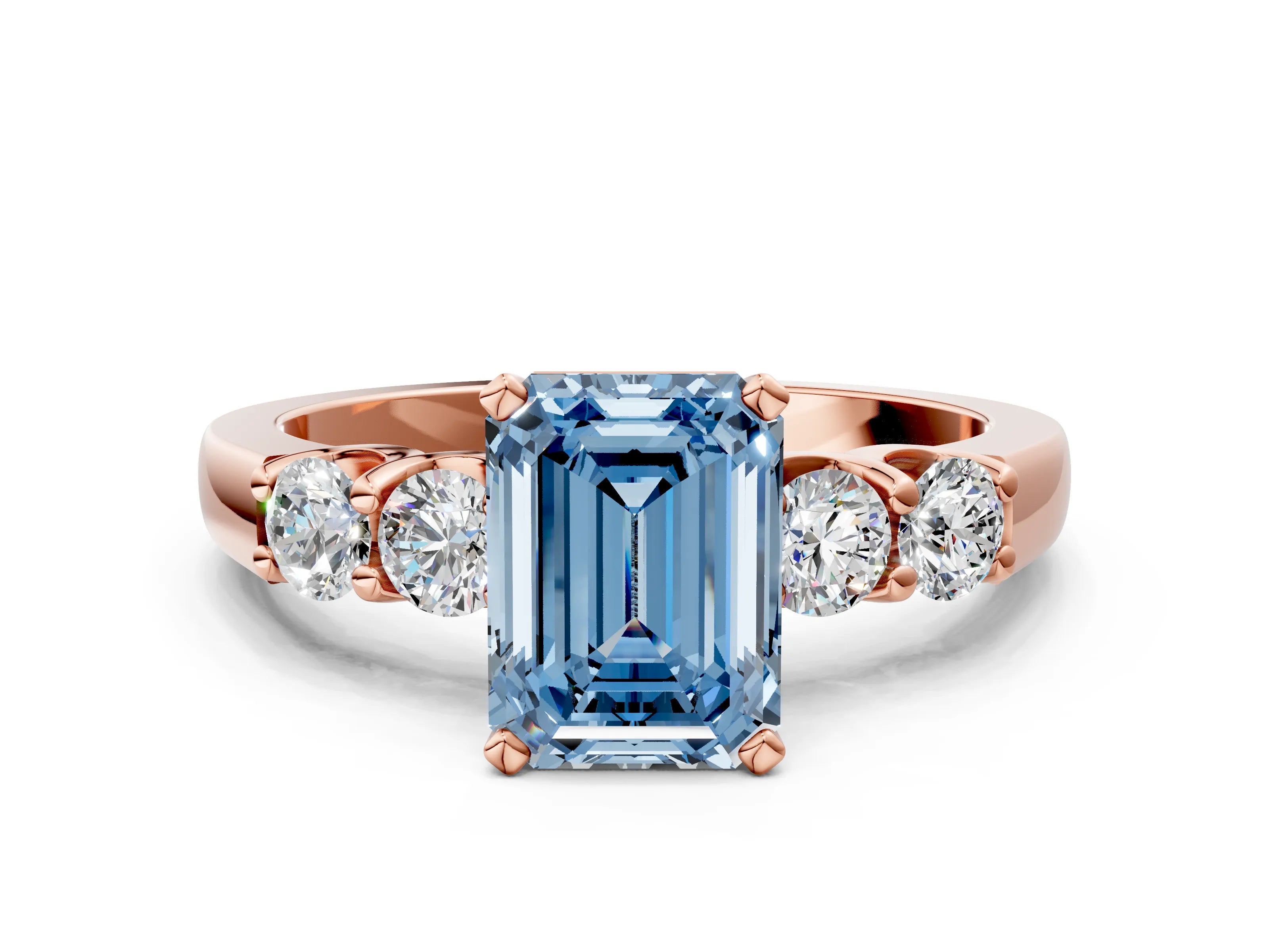 Rose gold Fancy Blue Emerald Cut Brilliant Diamond Five-Stone Engagement Ring with Prong Setting on a Classic Band_3