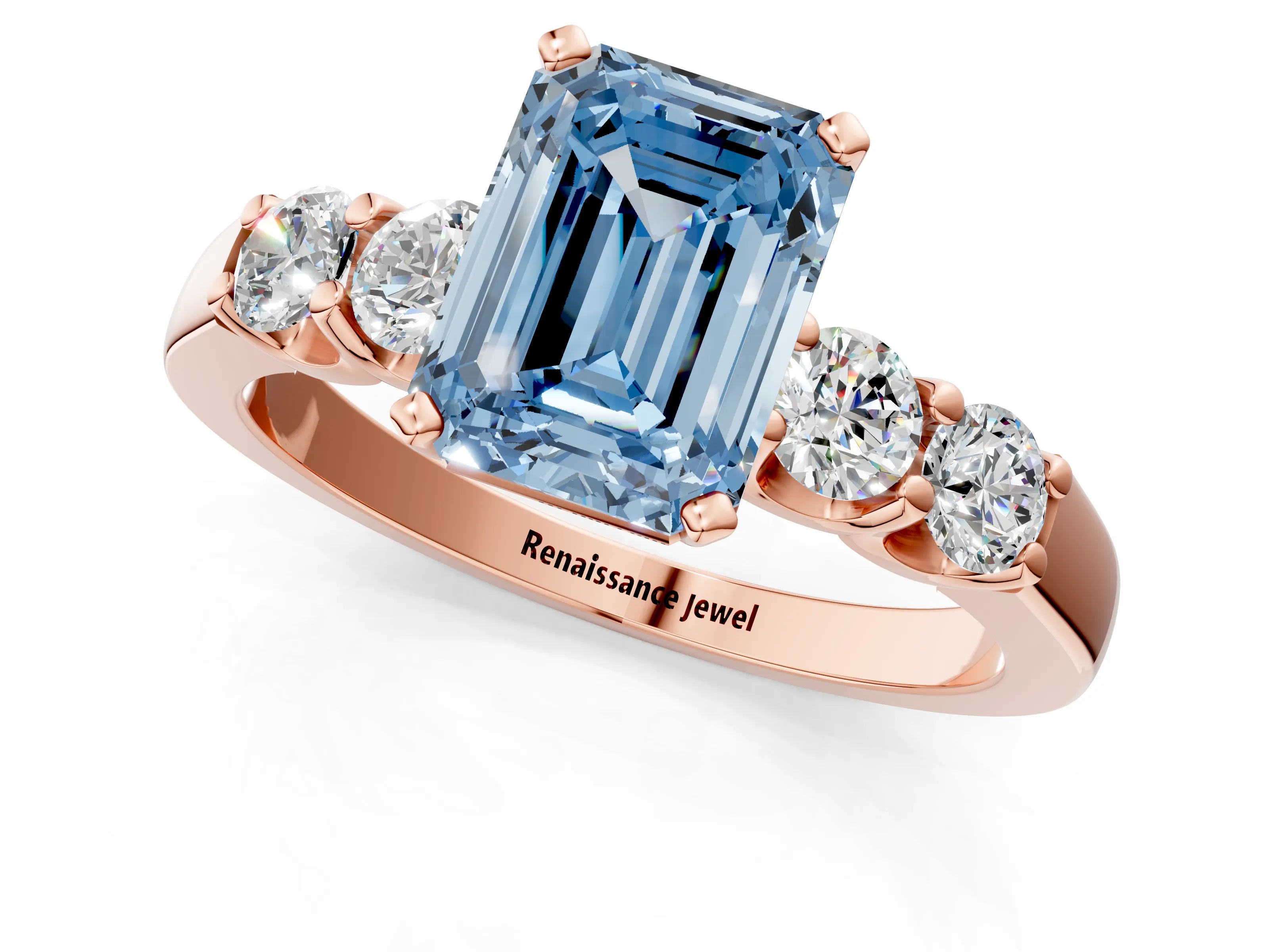 Rose gold Fancy Blue Emerald Cut Brilliant Diamond Five-Stone Engagement Ring with Prong Setting on a Classic Band_4