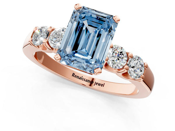 Rose gold Fancy Blue Emerald Cut Brilliant Diamond Five-Stone Engagement Ring with Prong Setting on a Classic Band