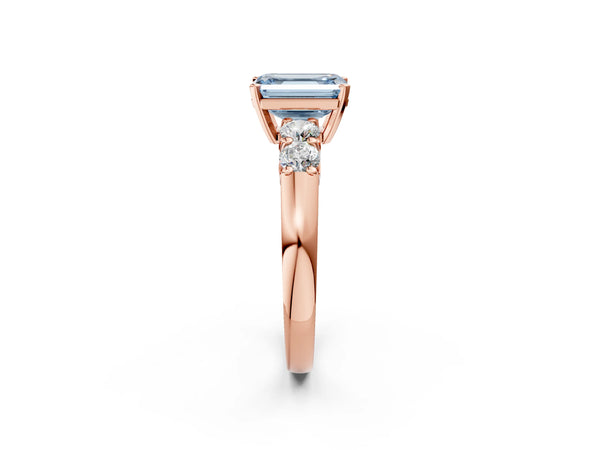 Rose gold Fancy Blue Emerald Cut Brilliant Diamond Five-Stone Engagement Ring with Prong Setting on a Classic Band
