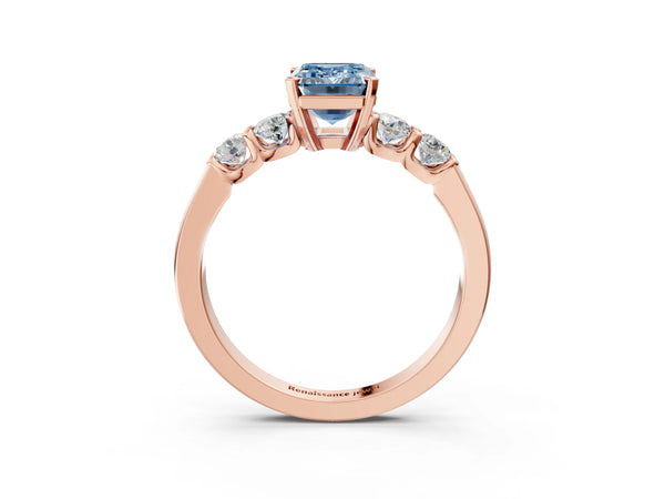 Rose gold Fancy Blue Emerald Cut Brilliant Diamond Five-Stone Engagement Ring with Prong Setting on a Classic Band