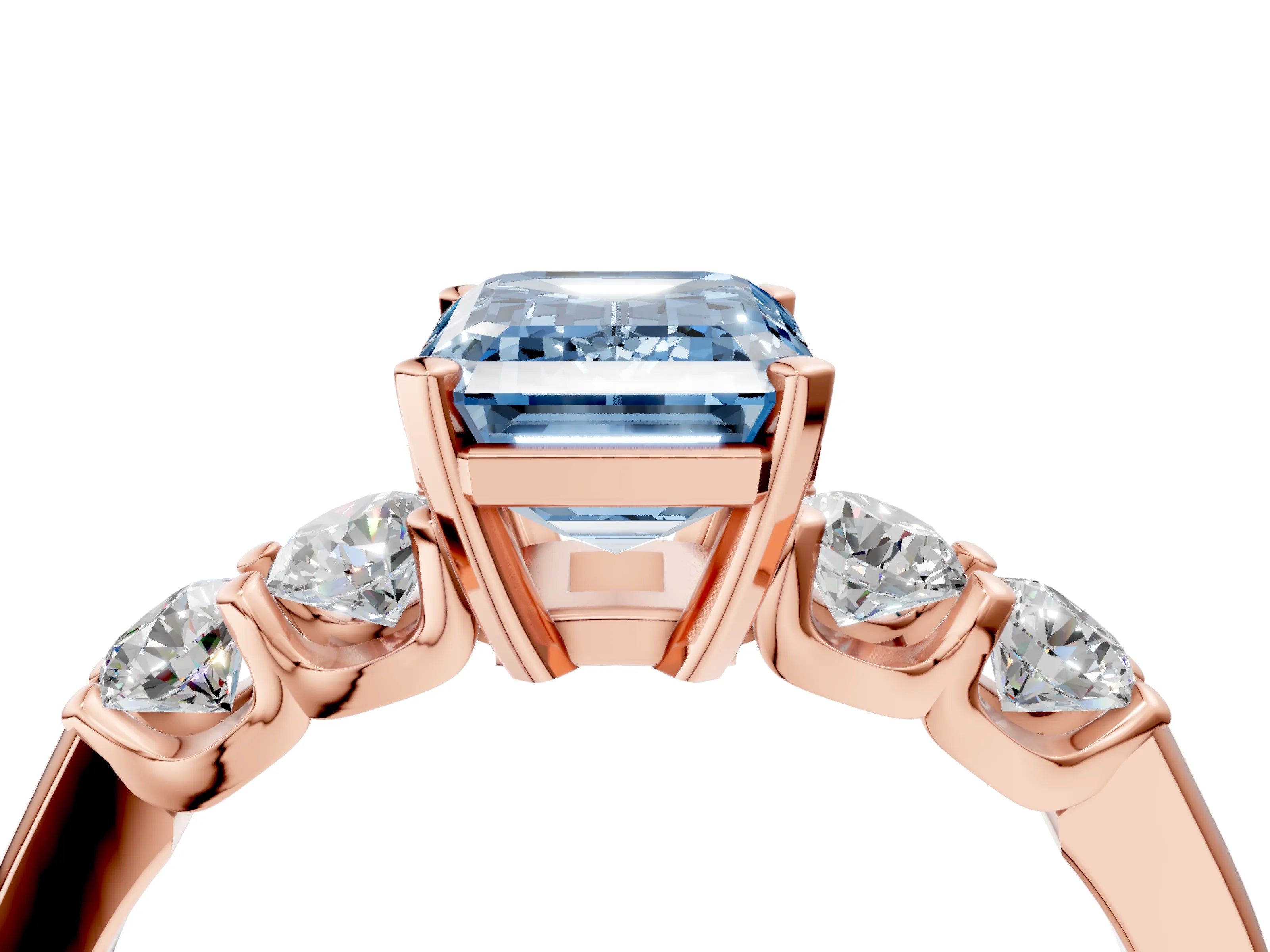 Rose gold Fancy Blue Emerald Cut Brilliant Diamond Five-Stone Engagement Ring with Prong Setting on a Classic Band_7